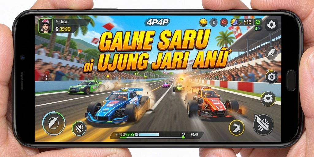 Screenshot gameplay 4P4P menampilkan balapan seru di trek menantang.