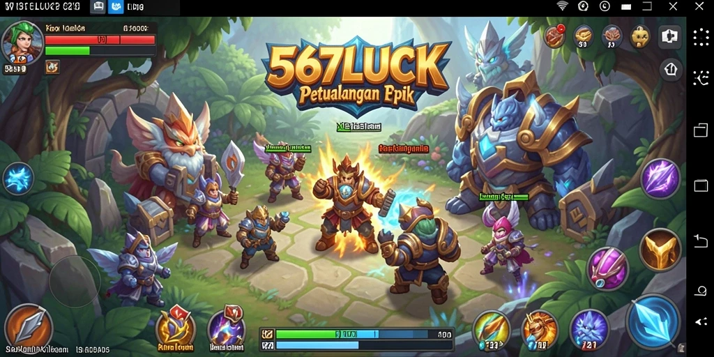 Tangkapan layar utama 567LUCK yang menunjukkan pertarungan RPG yang seru.