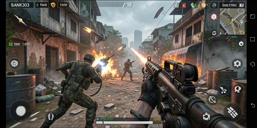 Screenshot BANK303 menampilkan aksi intens dalam gameplay TPS.