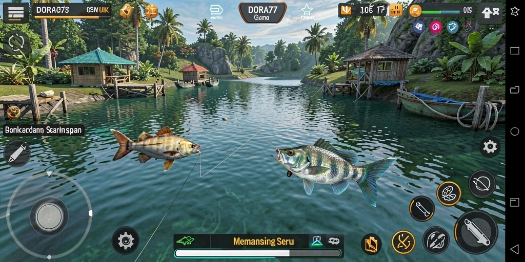 Gameplay seru DORA77 saat memancing di laut yang indah.
