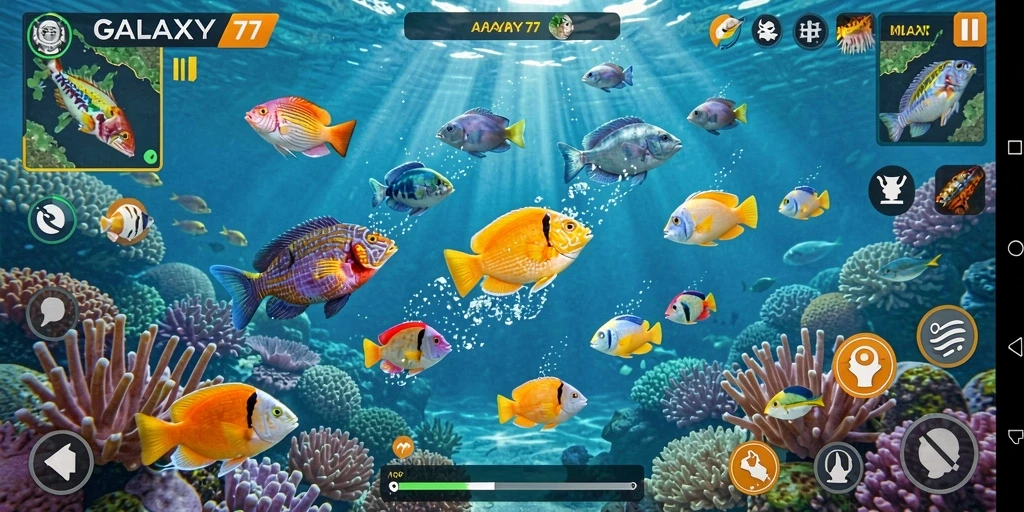 Screenshot GALAXY77 menampilkan aksi menembak ikan yang menarik.