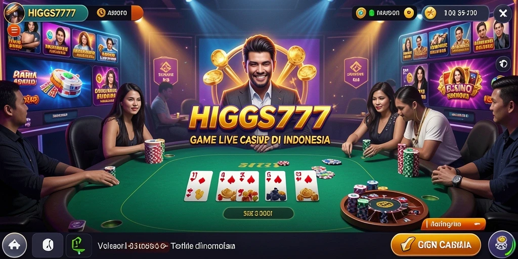 Tampilan gameplay mendebarkan dalam HIGGS777 dengan dealer profesional dan suasana kasino.