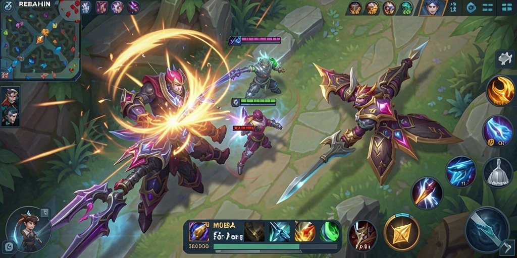Tampilan gameplay seru dari REBAHIN di tengah pertempuran MOBA.
